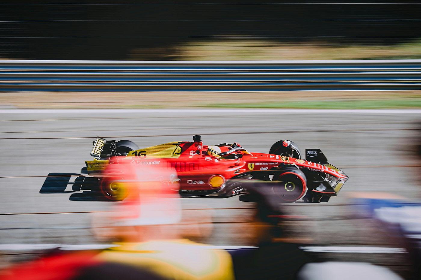 High-speed Formula 1 race car on a track, representing Steelhead’s lightweight composite accumulators engineered for high-performance systems that demand rapid response and minimal weight.